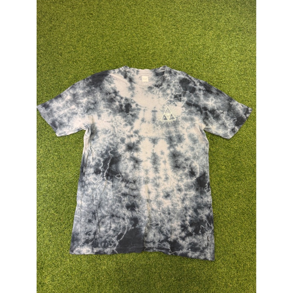 HUF Worldwide Tie Dye T-Shirt Mens Medium Navy Grey Triple Triangle Eye Graphic